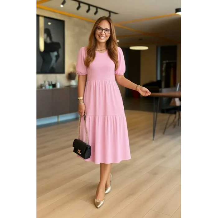 Kadın Kısa Kollu Yakası Açık Katlı Bürümcük Balon Elbise