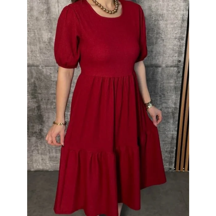 Kadın Kısa Kollu Yakası Açık Katlı Bürümcük Balon Elbise