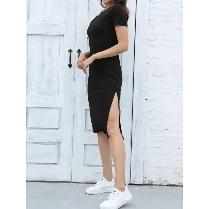 Kadın Kısa Kollu Yanı Yırtmaçlı Bisiklet Yaka Dizde Viskon Elbise