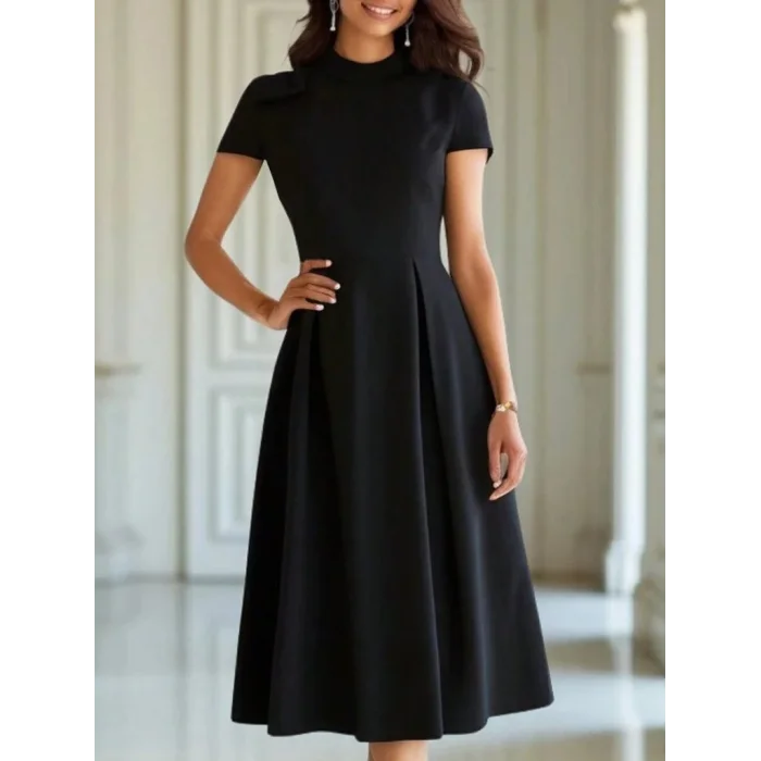 Kadın Kısa Kollu Yarı Balıkçı Yaka Pileli Janjan Krep Midi Elbise