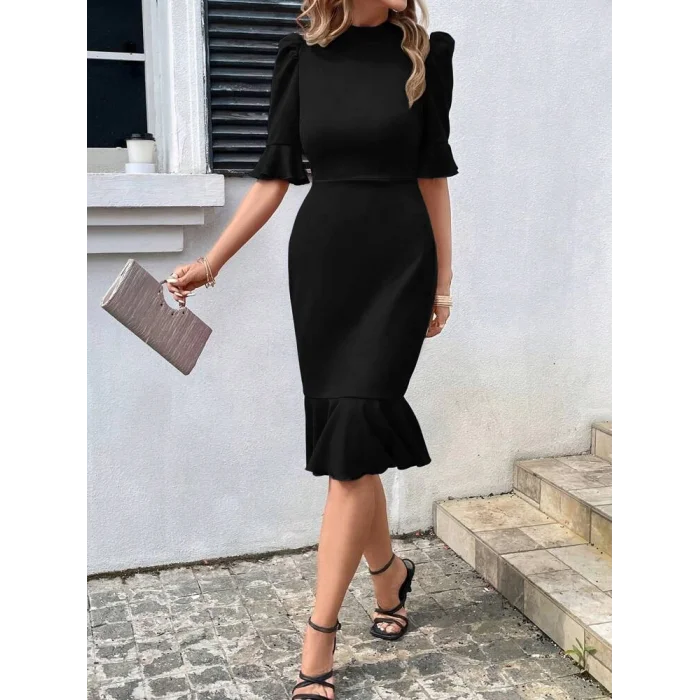 Kadın Kısa Kollu Yarı Balıkçı Yakalı Etek Ucu Fırfırlı Midi Ithal Krep Elbise