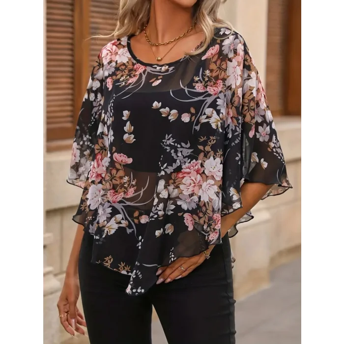 Kadın Kısa Kollu Yuvarlak Yaka çiçek Baskılı Asimetrik Kesim şifon Bluz