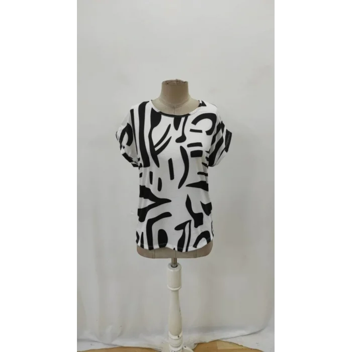 Kadın Kısa Kollu Yuvarlak Yaka Desenli Süprem Bluz