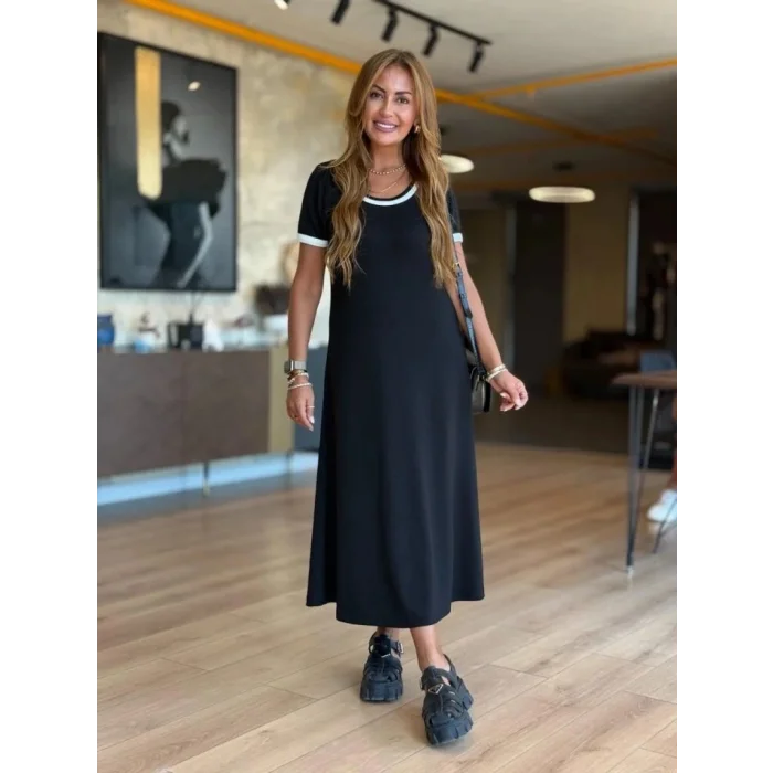 Kadın Kısa Kollu Yuvarlak Yaka Yandan Yırtmaçlı Midi Viskon Elbise