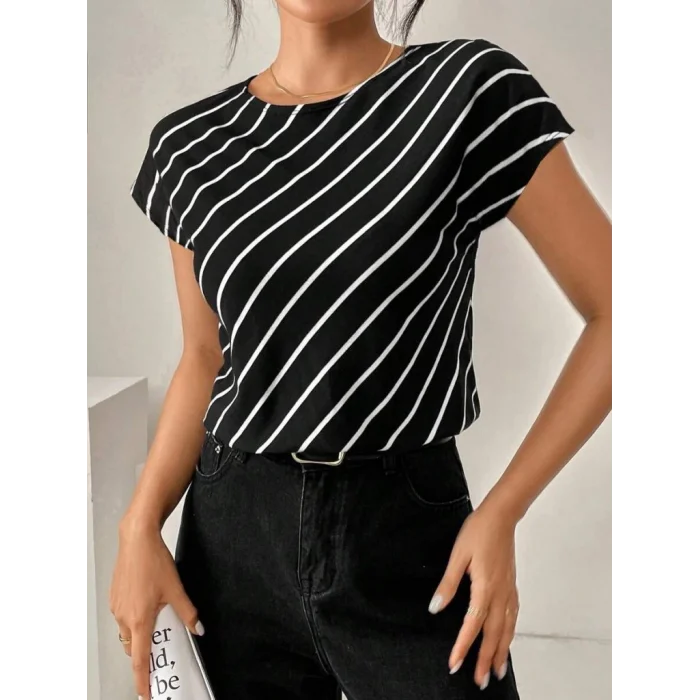 Kadın Kısa Yarasa Kollu Bisiklet Yaka çizgi Desenli Atlas Bluz