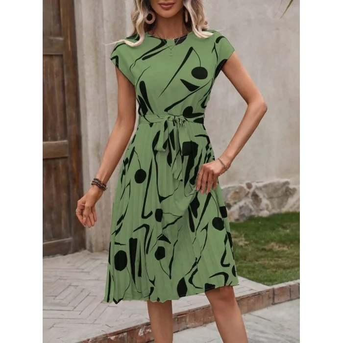 Kadın Kısa Yarasa Kollu Yuvarlak Yaka Beli Büzgülü Süprem Elbise