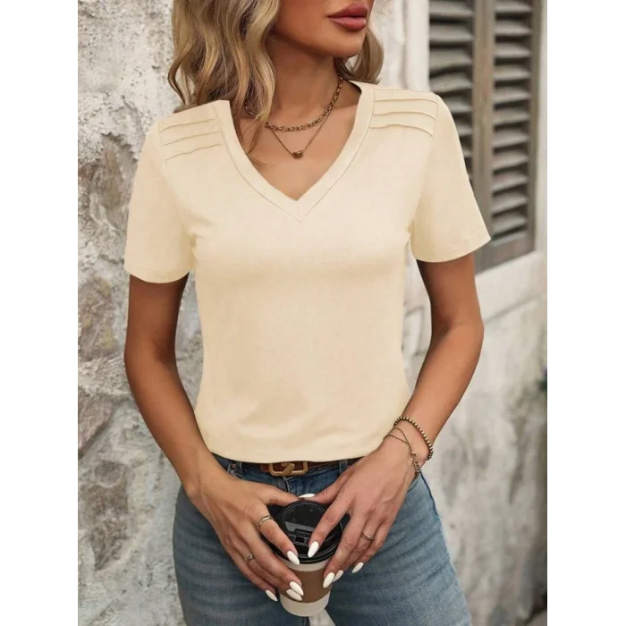 Kadın Kollu V Yakalı Omuzlarda çizgi Detaylı Viskon Bluz