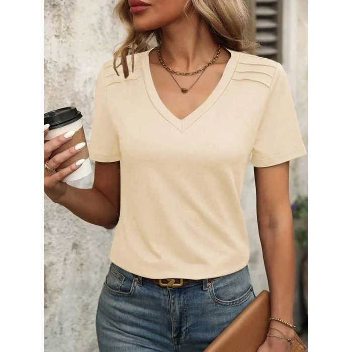 Kadın Kollu V Yakalı Omuzlarda çizgi Detaylı Viskon Bluz