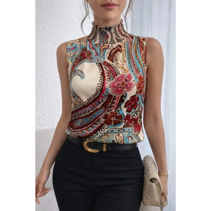 Kadın Kolsuz Balıkçı Yaka Desenli Süprem Bluz