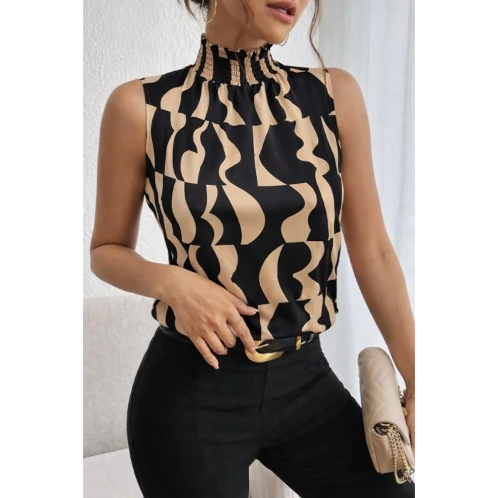 Kadın Kolsuz Balıkçı Yaka Desenli Süprem Bluz