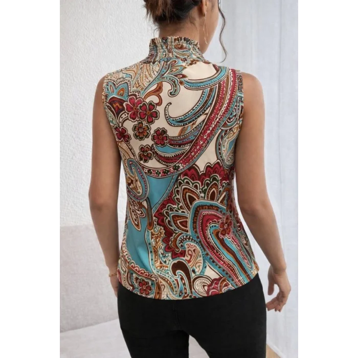 Kadın Kolsuz Balıkçı Yaka Desenli Süprem Bluz