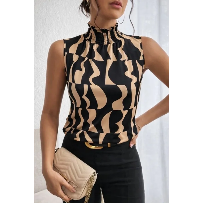 Kadın Kolsuz Balıkçı Yaka Desenli Süprem Bluz