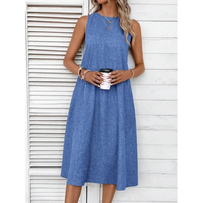 Kadın Kolsuz Bisiklet Yaka Cepli Midi Keten Elbise