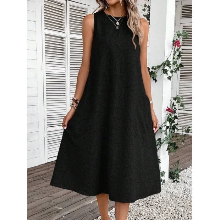 Kadın Kolsuz Bisiklet Yaka Cepli Midi Keten Elbise