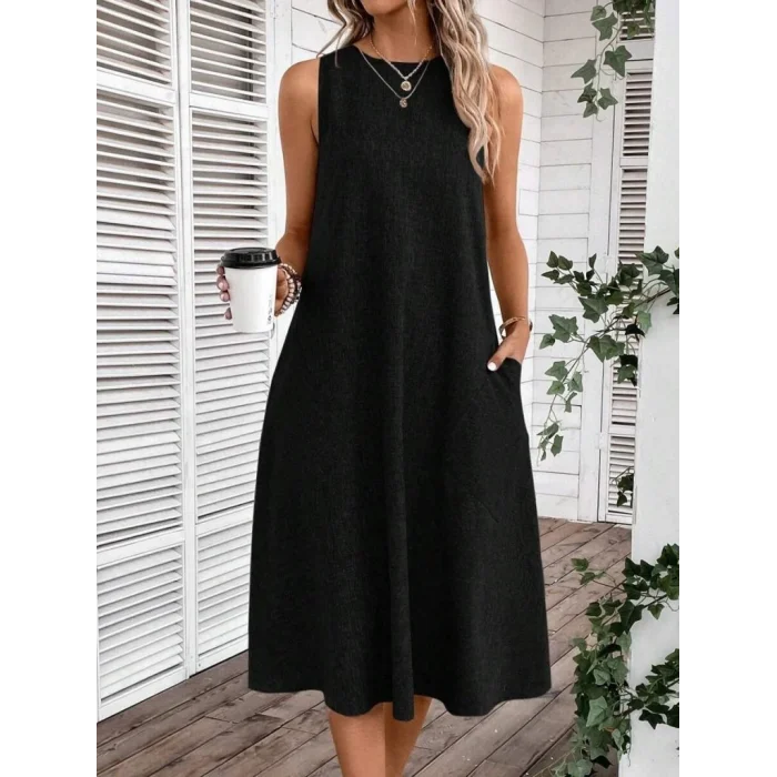 Kadın Kolsuz Bisiklet Yaka Cepli Midi Keten Elbise