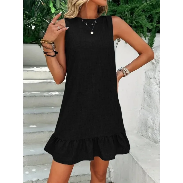 Kadın Kolsuz Bisiklet Yaka Fırfırlı Sofya Elbise