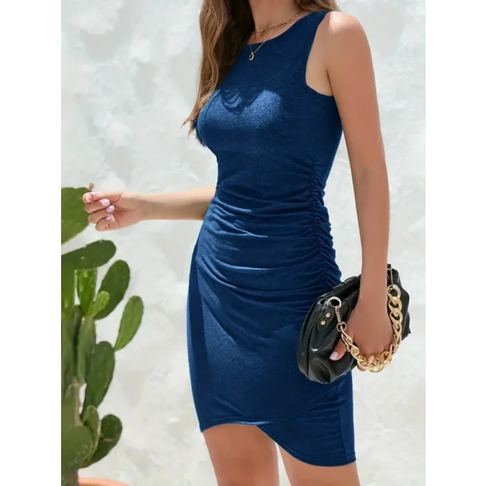 Kadın Kolsuz Bisiklet Yaka Yandan Büzgülü önden çapraz Detay Viskon Kısa Elbise