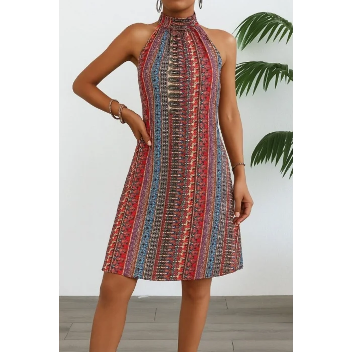 Kadın Kolsuz Boyundan Askılı Desenli Midi Süprem Elbise