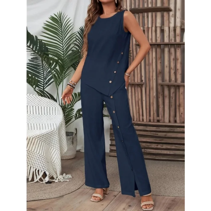 Kadın Kolsuz Düğmeli Asimetrik Detaylı Bürümcük Bluz Ve Pantolon Takım