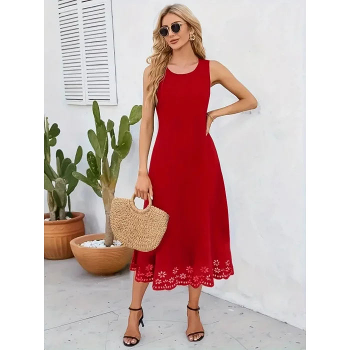 Kadın Kolsuz Etek Ucu Lazer Kesim çiçek Desenli Midi Boy Ithal Krep Elbise