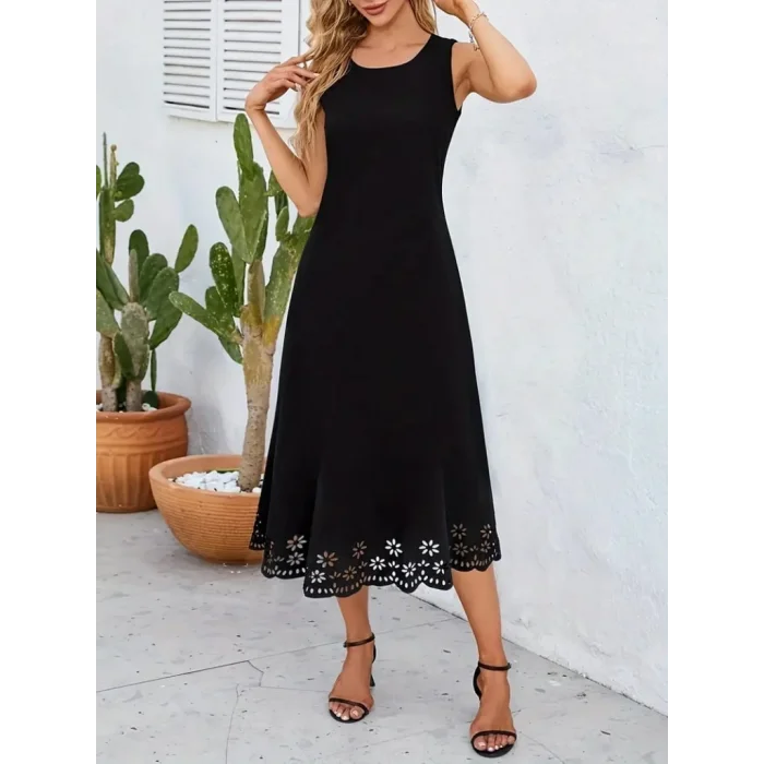 Kadın Kolsuz Etek Ucu Lazer Kesim çiçek Desenli Midi Boy Janjan Krep Elbise