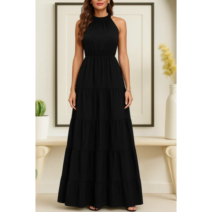 Kadın Kolsuz Halter Yaka Beli Lastiklidesenli Mikro Elbise