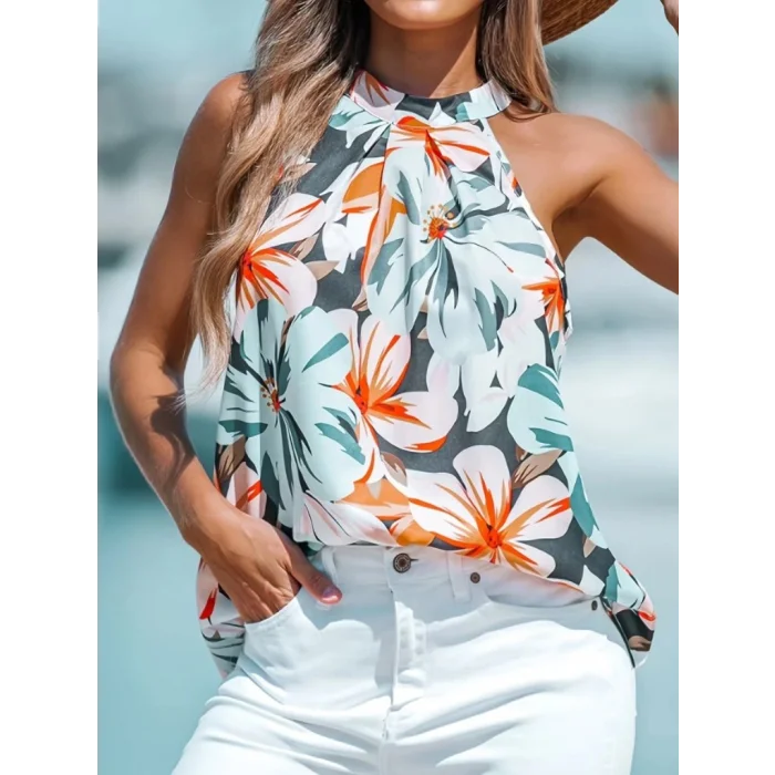 Kadın Kolsuz Halter Yaka Desenli Bluz