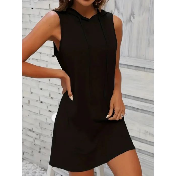 Kadın Kolsuz Kapşonlu Uzun Viskon Elbise