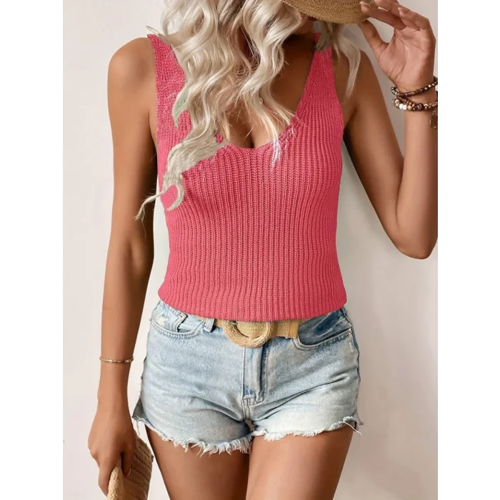 Kadın Kolsuz V Yaka Kalın Askılı Triko Bluz