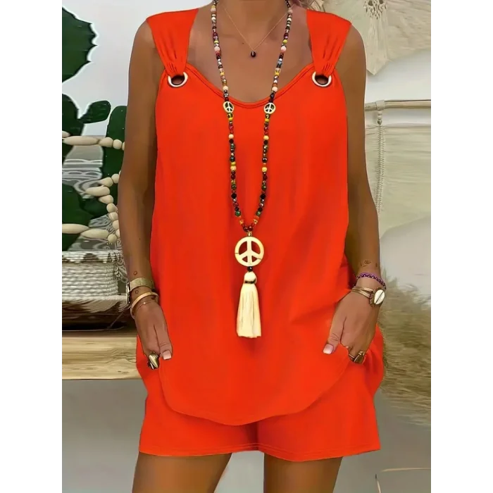 Kadın Kolsuz V Yaka Kuş Gözü Detay Bluz Short Aerobin Ikili Takım