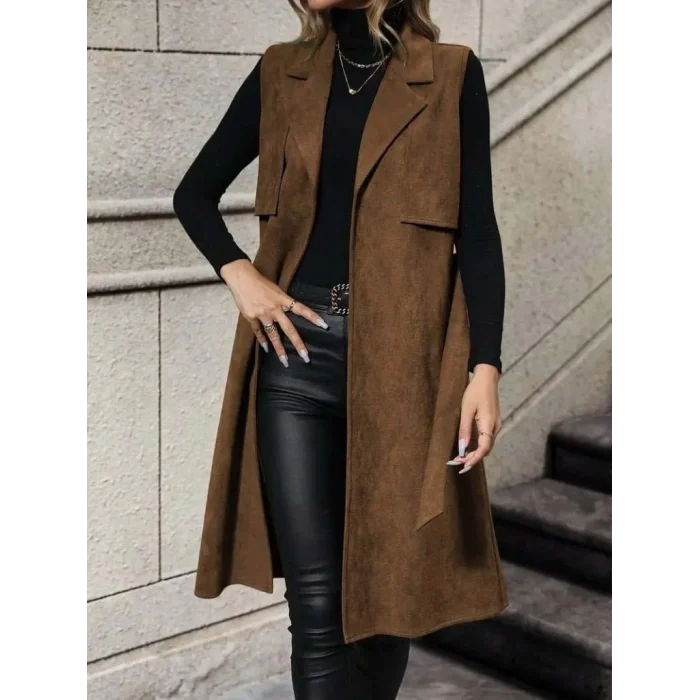 Kadın Kolsuz Yakalı önü Açık Belden Kuşaklı Süet Midi Yelek