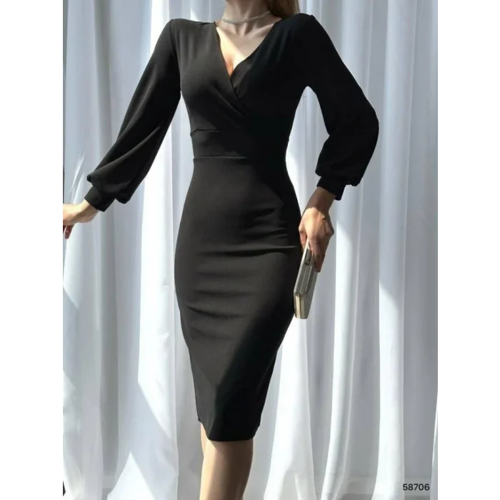 Kadın Kruvaze Yaka Balon Kol Midi Boy Elbise