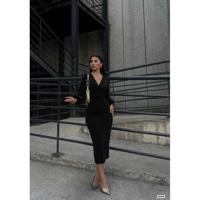 Kadın Kruvaze Yaka Balon Kol Simli Krep Kumaş Midi Boy Elbise