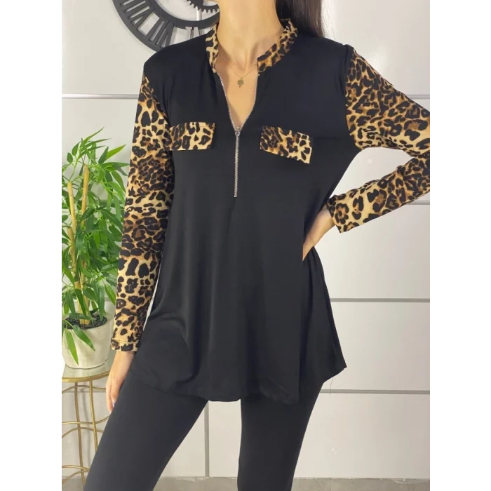 Kadın Leopar Desen Fermuar Detay Viskon Kumaş Bluz