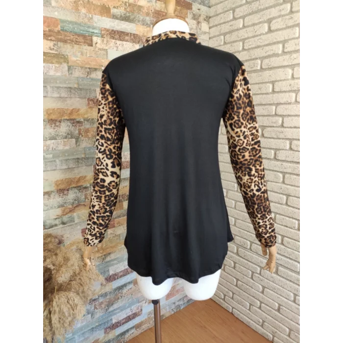 Kadın Leopar Desen Fermuar Detay Viskon Kumaş Bluz