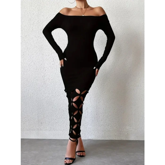 Kadın Madonna Yaka Uzun Kollu Lazer çiçek Kesim Detaylı Uzun Ithal Krep Elbise