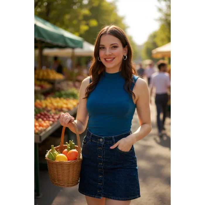 Kadın Mavi Kolsuz Balıkçı Yaka Basic Bluz