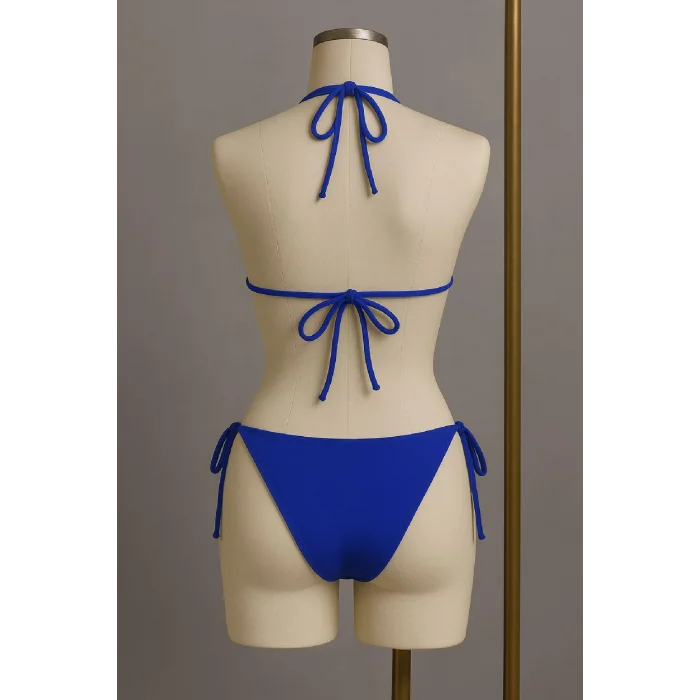 Kadın Mavi Yandan ve Boyundan Bağlamalı Bikini Mayo Takımı