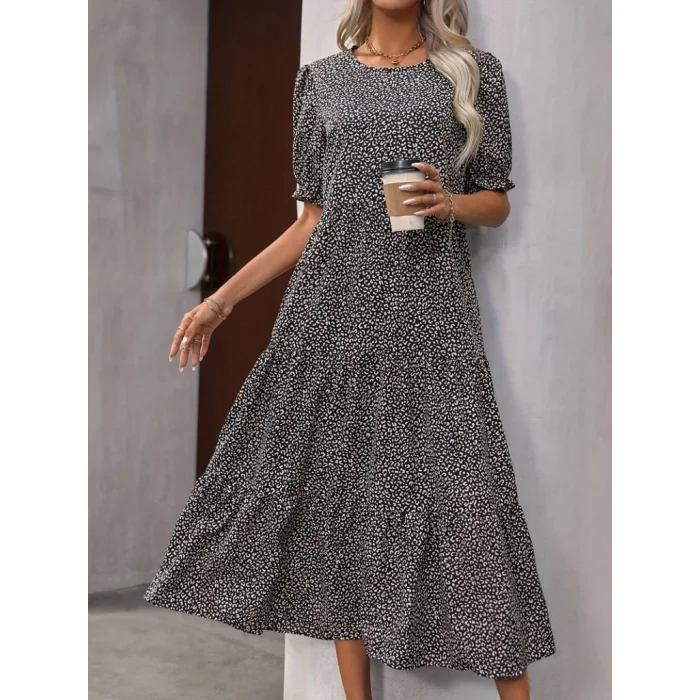 Kadın Mini Leopar Desen Midi üç Kat Elbise
