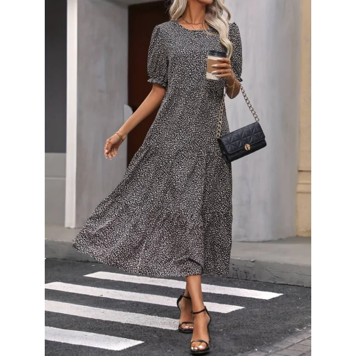 Kadın Mini Leopar Desen Midi üç Kat Elbise