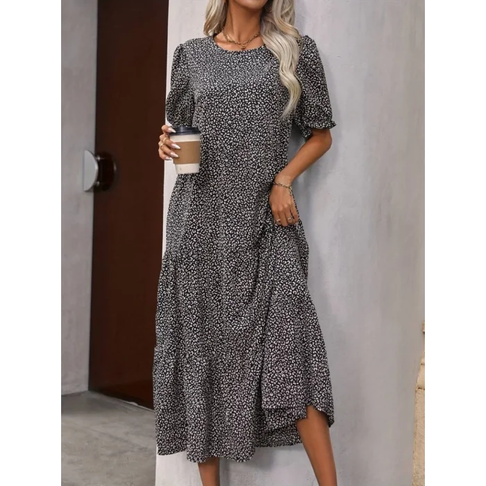 Kadın Mini Leopar Desen Midi üç Kat Elbise