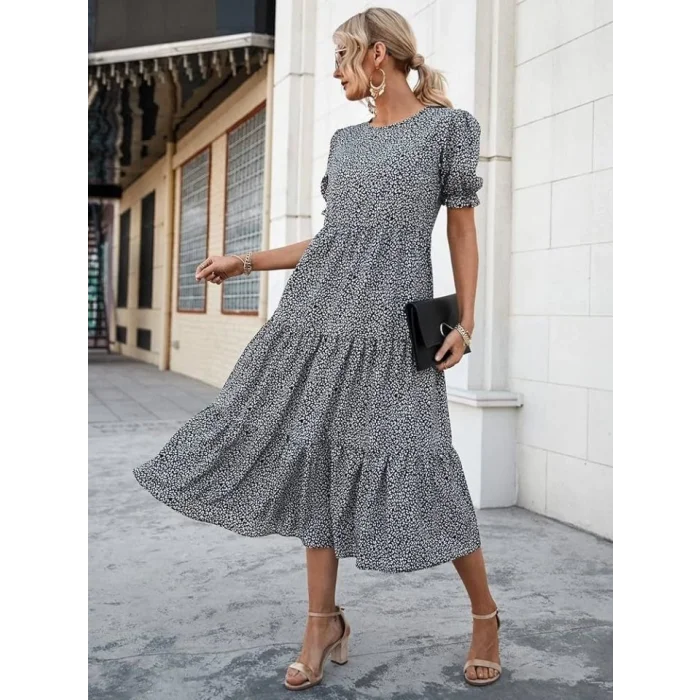 Kadın Mini Leopar Desen Midi üç Kat Elbise
