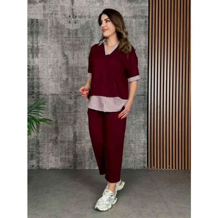 Kadın Modal Kumaş çizgili Gömlek Yaka Ikili Takım