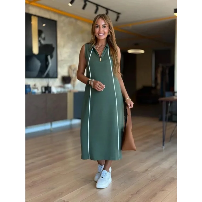 Kadın Modal Kumaş şerit Detaylı Fermuarlı Midi Elbise