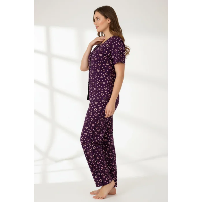 Kadın Mor Kalp Desenli Fiyonklu Kısa Kollu Uzun Pijama Takımı