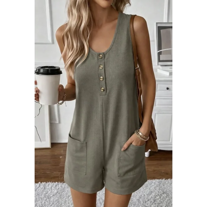 Kadın Omuz Askılı önden Düğmeli Waffle Kısa Tulum