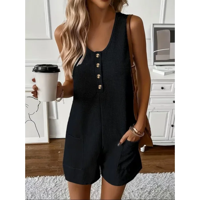 Kadın Omuz Askılı önden Düğmeli Waffle Kısa Tulum