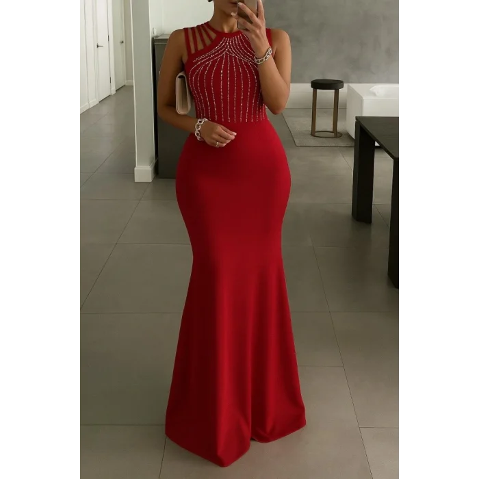 Kadın Omuz çoklu Askılı önü Taş Işlemeli Balık Kesim Janjan Krep Maxi Boy Elbise
