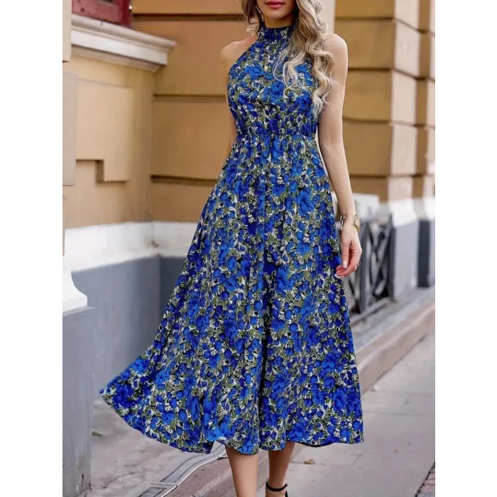 Kadın Omuz Dekolteli Halter Yaka Desenli Maxi Süprem Elbise