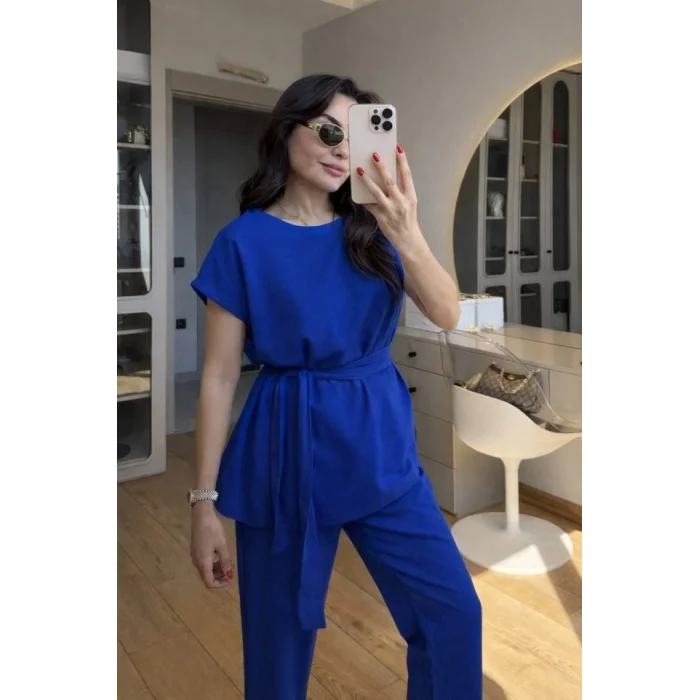 Kadın Omuz Detay Kuşak Dahil Bluz Ve Pantolon Keten Kumaş Ikili Takım